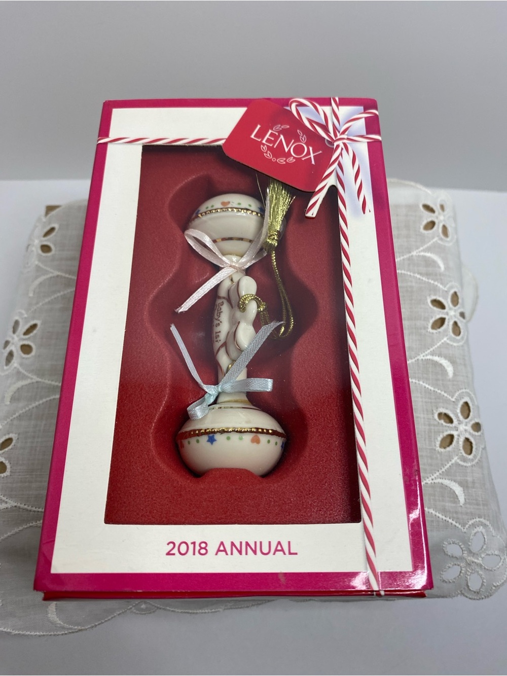 Lenox Baby’s 1st Christmas 2018 Porcelain Baby Nursery Rattle Ornament Gold Trim